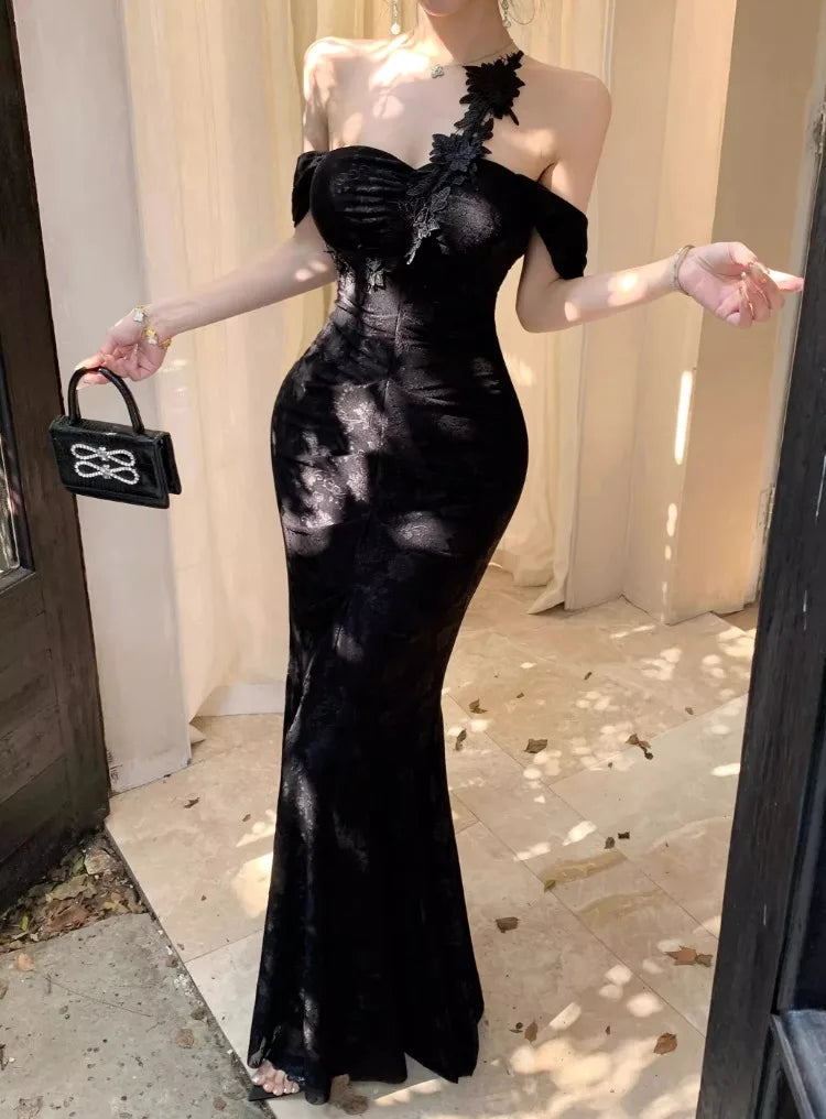 Hnewly  Woman Dress Slash Neck Sexy Flowers Off Shoulder Backless Vintage Elegant Temperament Party Mermaid Dress Female Cocktail