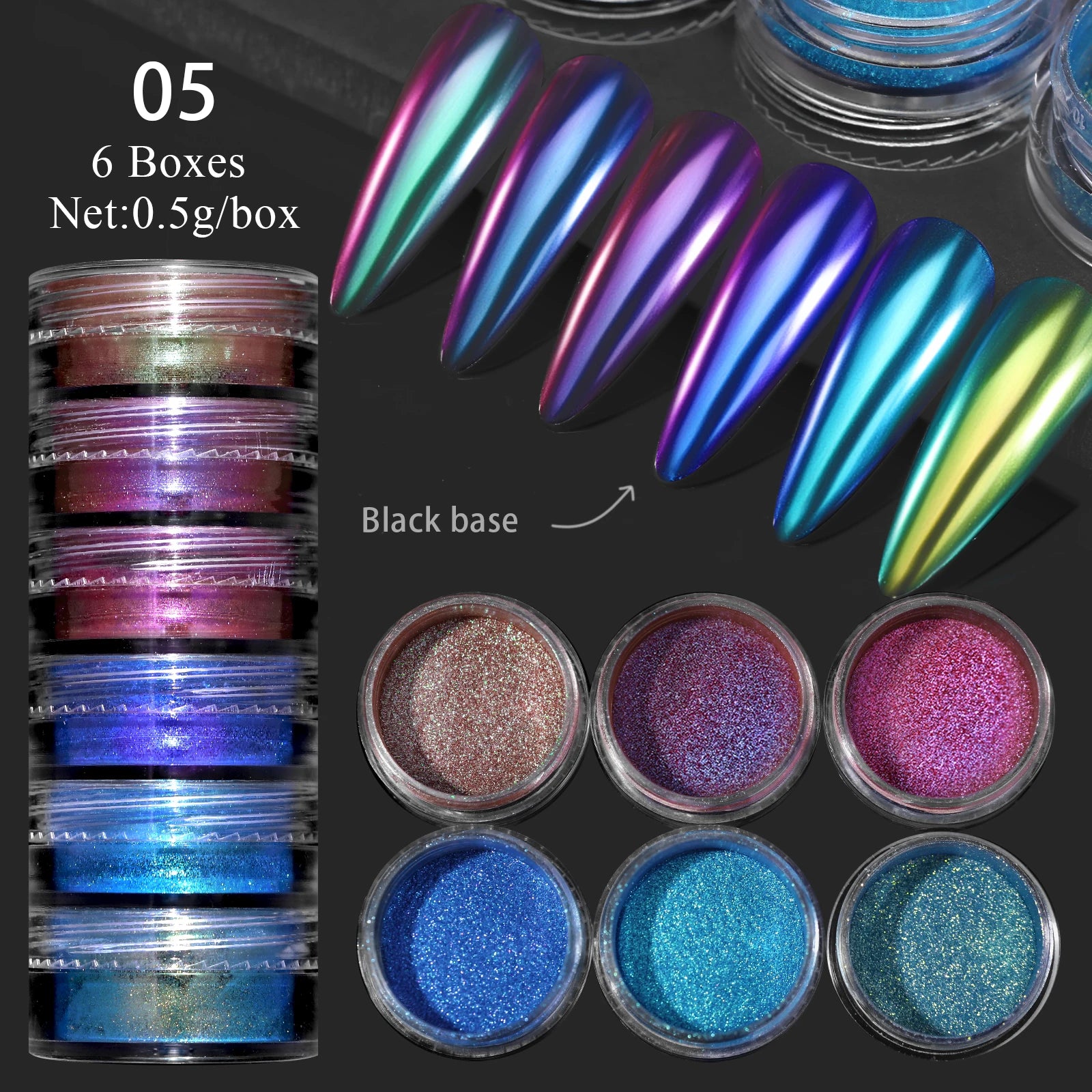 Hnewly 6Box/set Glitter Mirror Dust Nail Powder Chameleon Aurora Metallic Effect Pigments Laser For UV Gel Nail DIY Manicure Decoration