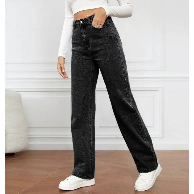 Hnewly  Simple and Versatile Straight-leg Wide-leg Pants for Commuting Fashion Womenswear Plate-size High-waisted Washed Women's Jeans