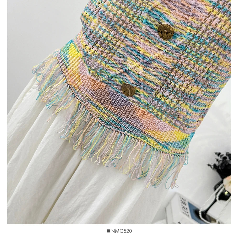 Hnewly  Retro Colored Striped Camisole Vest Women's 2025 New Summer New Sleeveless O-neck Knitted Shirt Elegant Hollow Out Short Top