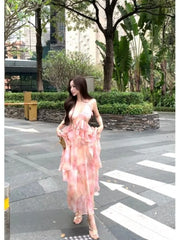 Hnewly  Dresses Women Ruffles Patchwork Sleeveless Halter Tie Dye Slim Summer Fashion Elegant Temperament Dress Party Holiday