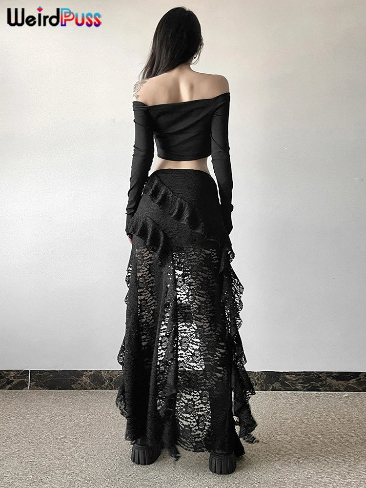 Hnewly  Women Skirts Chic Irregular Hem Multi-Layered Ruffles Lace Patchwork Summer Trend Skinny Versatile Bottoms