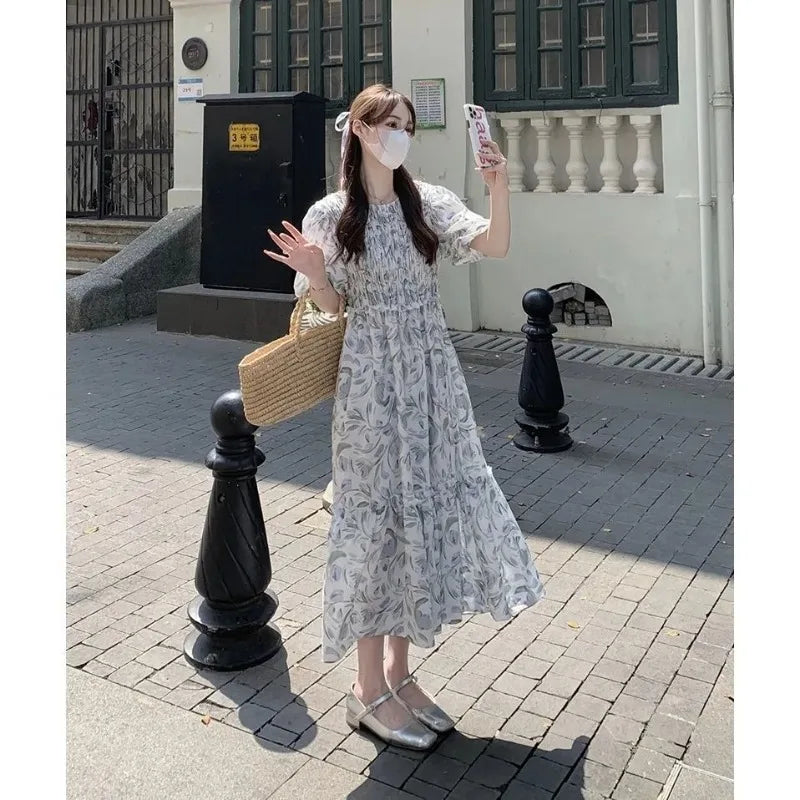 Hnewly  Woman Dress Sweet Floral Printed Puff Short Sleeve Vintage French Style Summer Fashion Casual Female Elegant Dresses