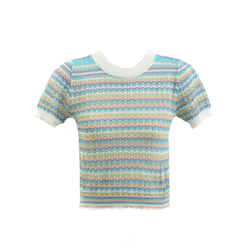 Hnewly Colorful Striped Knitted T Shirt For Women Spring Summer Hollow Out Sexy Streetwear Tops Korean O-Neck Short Pullover Blouses