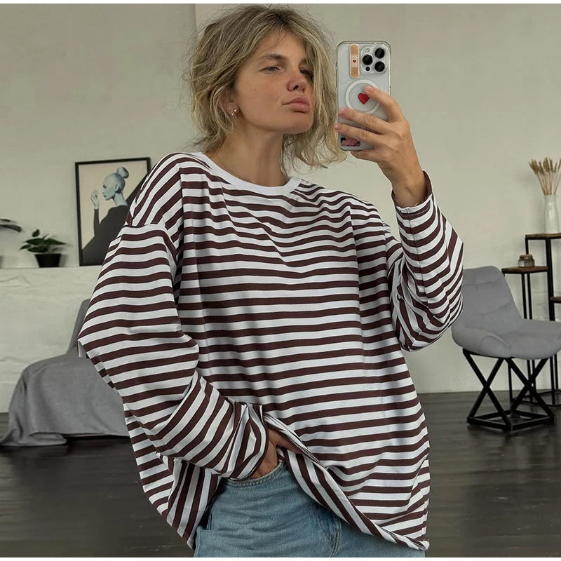 Hnewly  Casual Women's Striped T-shirts Loose O-neck Long Sleeve Female Shirts 2025 Spring Lady All-match Cozy Pullovers