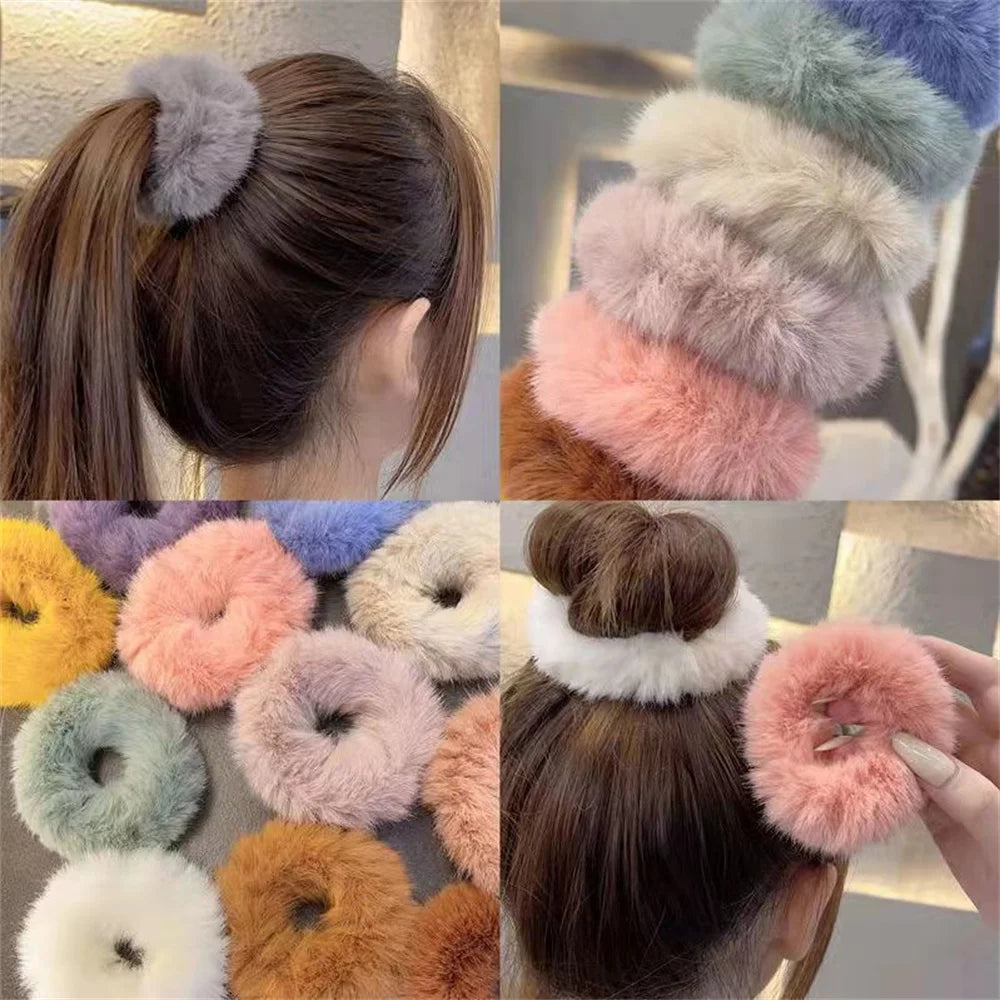 Hnewly Winter Fluffy Fur Elastic Hair Bands Hair Rings For Women Girls Plush Hair Ropes Hairwear Rubber Band Hair Loop Hair Accessories