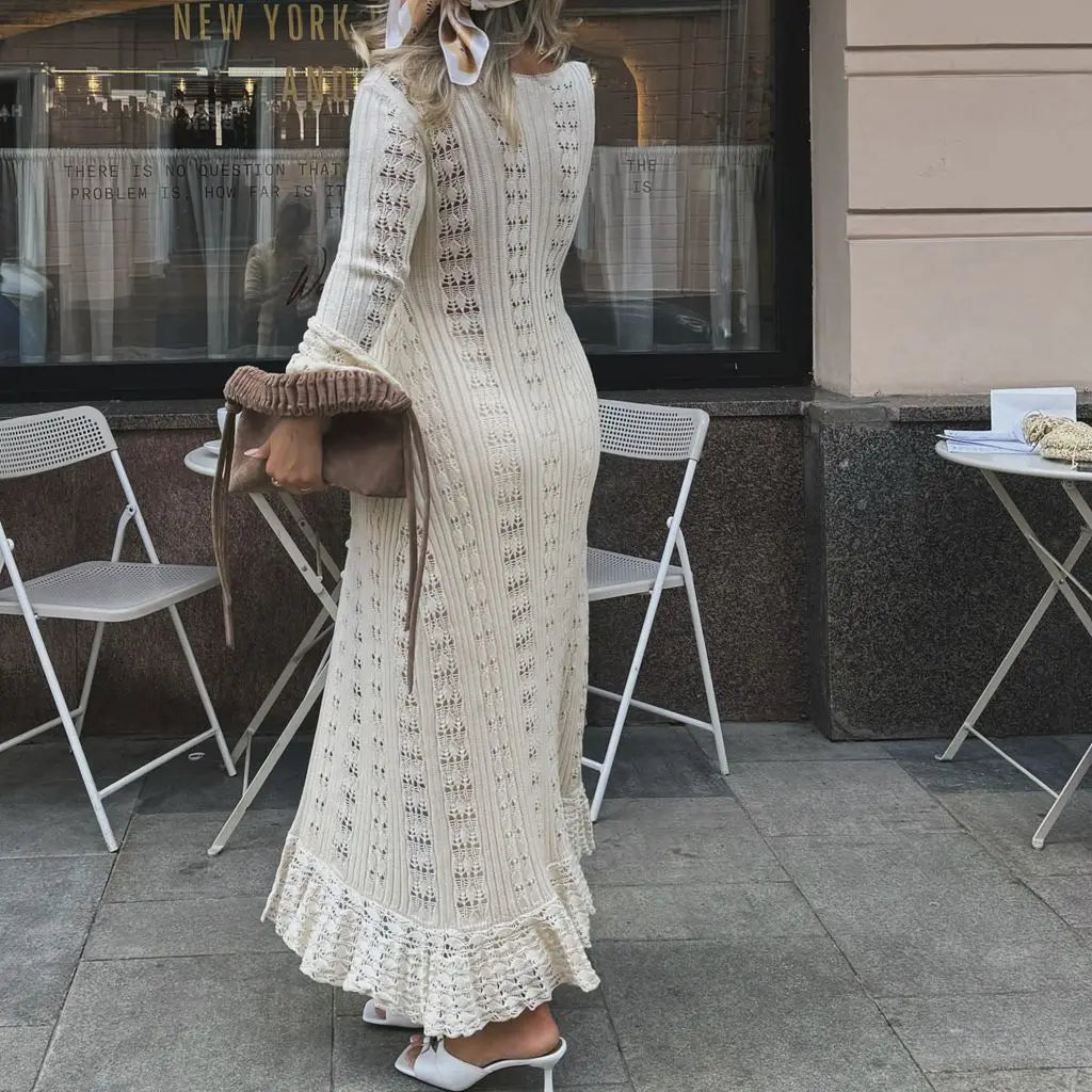 Hnewly Women Y2K Chic Flare Long Sleeve Aesthetic Button-down V-Neck Ruffle Hem Hollow Out Knitted Long Dress Boho Beachwear