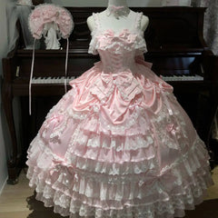 Hnewly  Spring Summer New Sweet Lolita Long JSK Suspender Dress Girls Women Cute Bow Lace Splice  Wedding Dress Princess Dresses