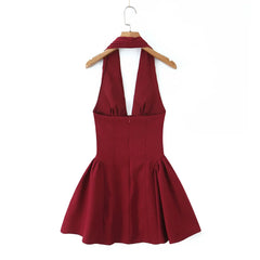 Lunivop  Sexy Dark Red Pleated Ruched Halter Dress Women Deep V neck Slim Low Waist Swing Ball Gown Short Dresses Robe Vestidos