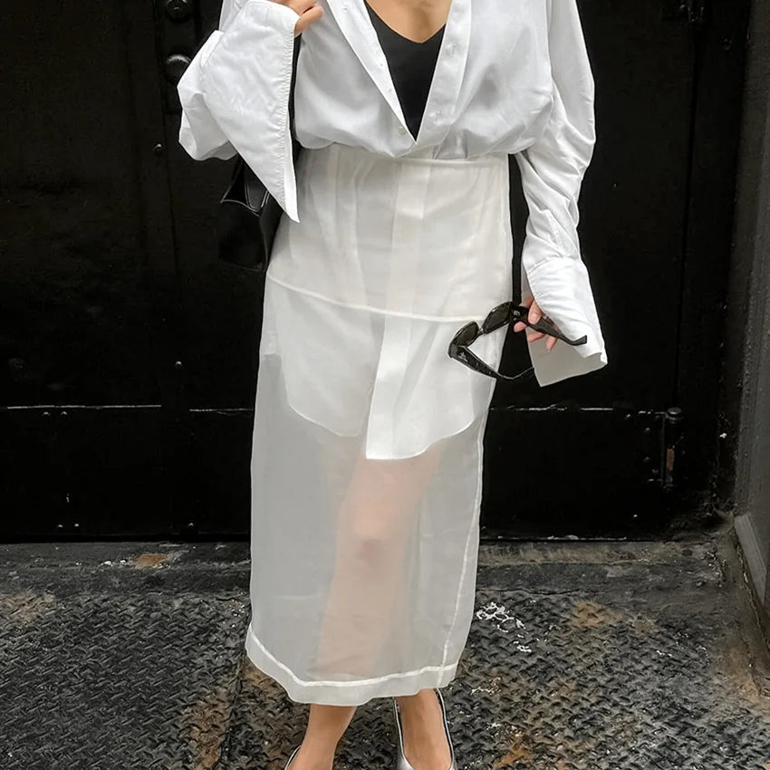 Hnewly White Mesh Half Skirt Design Sense Small and Medium Length High Waist Straight Tube Skirt Women's Wear