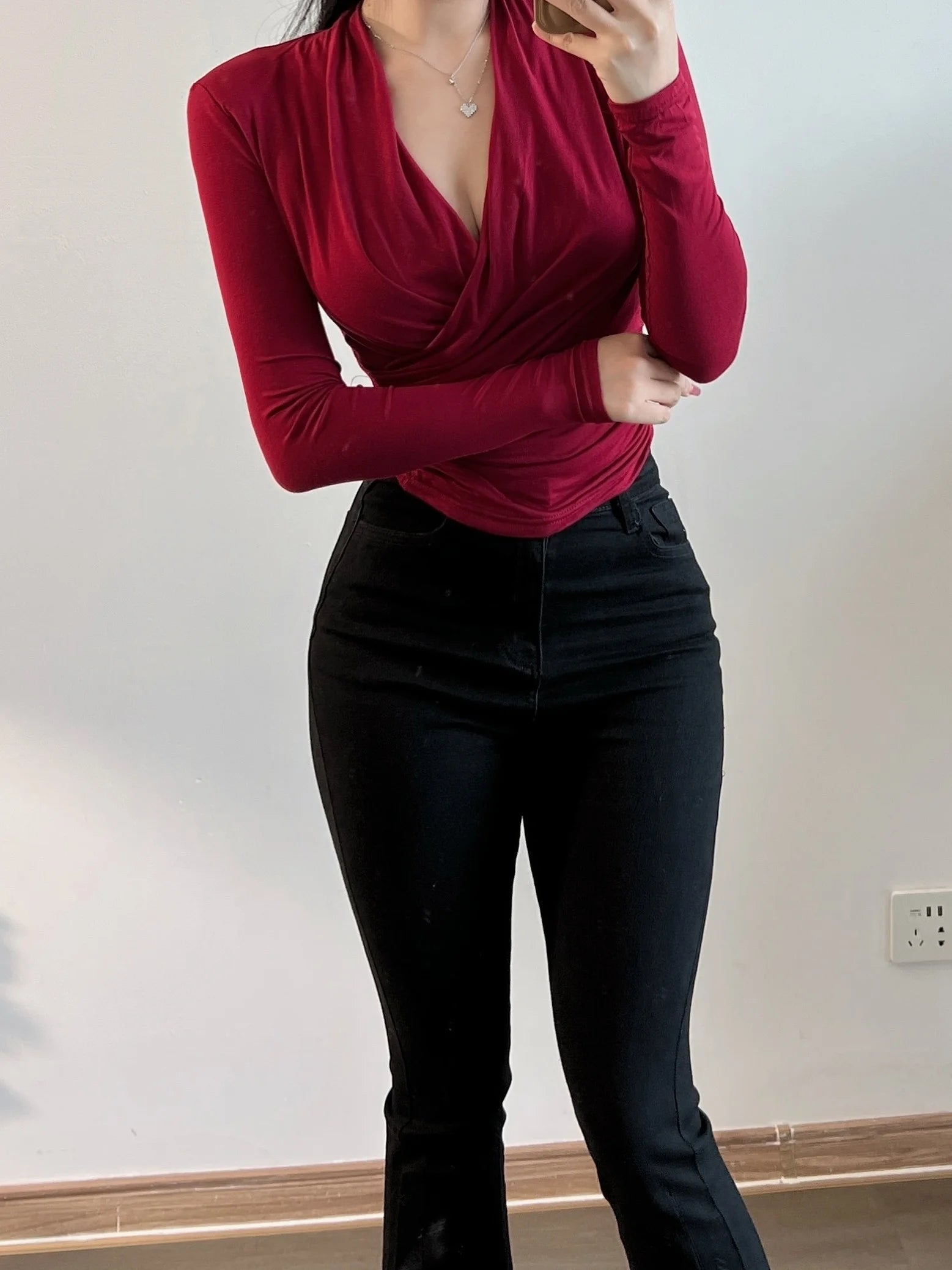 Hnewly V-neck WOMENGAGA Thin Long Sleeve Wine Red Cross Short Top Autumn Slim High Waist Sexy Base T Shirt Undershirts tees Women W9SJ
