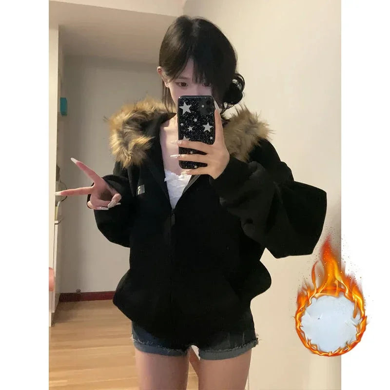 Hnewly Black Zip Up Hoodies Women Vintage Preppy Style Faux Fur Coat Korean Oversized Casual Sweatshirt Harajuku Autumn Winter