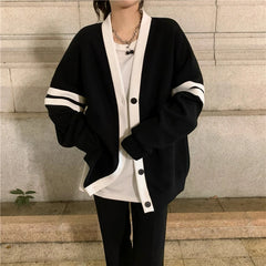 Hnewly  Varsity Cardigan Sweater for Women Long Sleeve V-Neck Button-up Knit Slouchy Cardi Korean School-girl Preppy Fall Winter Outfit