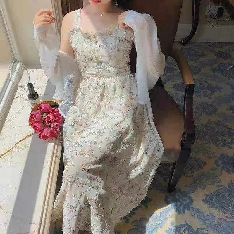 Hnewly Summer French Sweet Fairy Dress Women Elegant Pearl Button Floral Print Ruffles Party Female Kawaii Korean Cottagecore Dresses