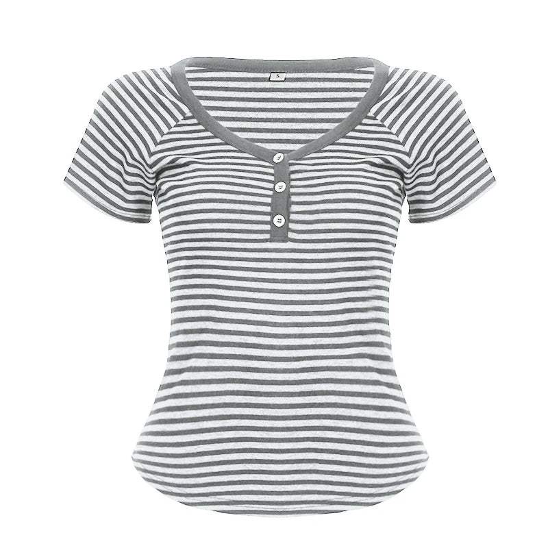 Hnewly Harajuku Striped Print Crop Top Summer Vintage 2000s Button-up V Neck Short Sleeve T-shirts for Women y2k Streetwear Tees