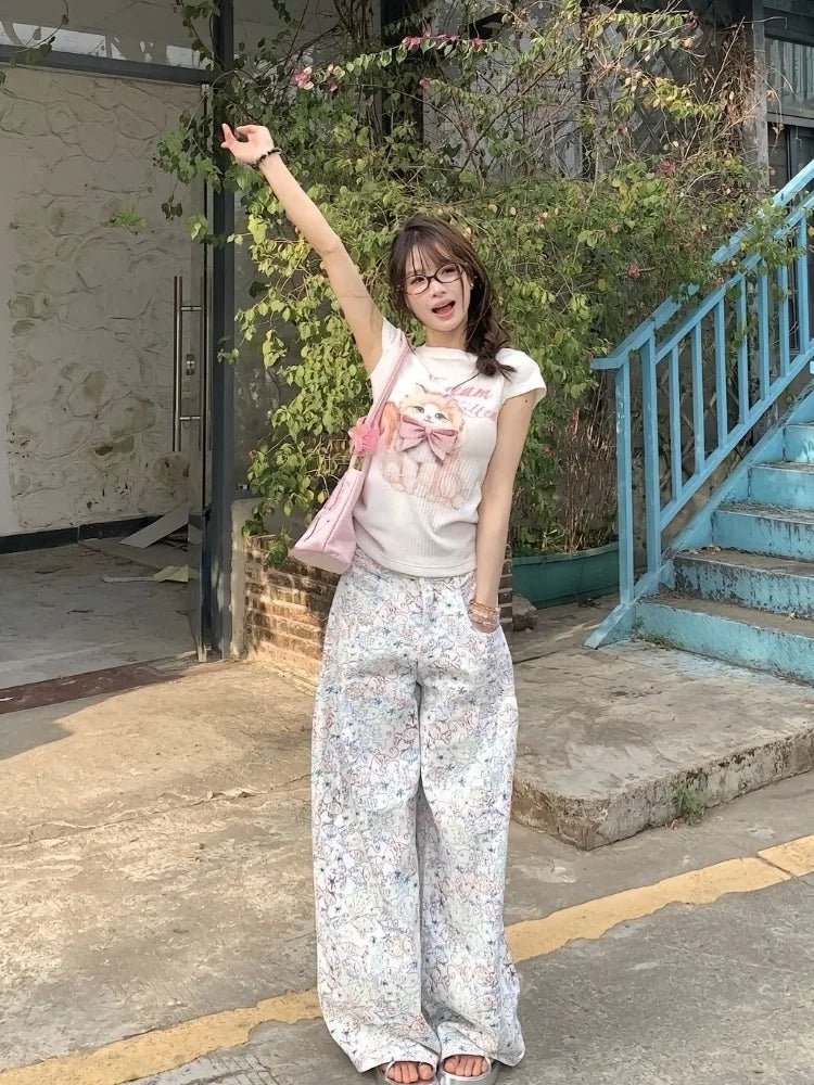 Hnewly  Sweet T Shirts Women Cartoon Cat Printed Short Sleeve Summer Fashion Sexy Stretch Slim Y2k Tops Female Casual Tshirt
