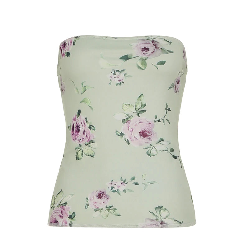 Hnewly Retro Cute Floral Print Tube Top Women Casual Kawaii Skinny Crop Tops for Summer Holiday Vintage 2000s Tee Aesthetic Lady