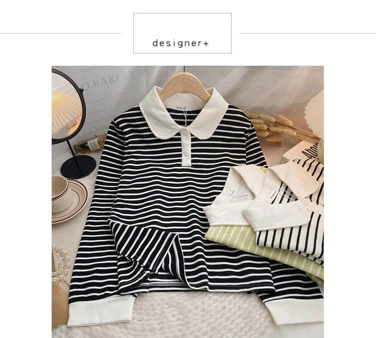Hnewly  Classic Black White Striped Sweatshirts Casual Loose Turn-down Collar  Women's Spring 2025 New Korean Long Sleeve T-shirt Top
