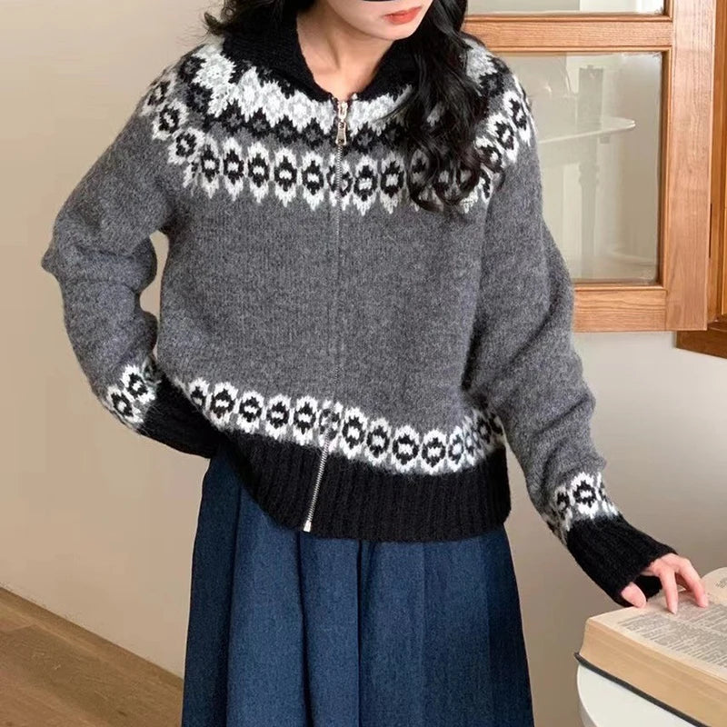 Hnewly  Zip Up Fair Isle Sweater Cardigan Thick Warm Knit Zipper Front Sweater Jacket Cozy Knitwear Teen-girl Fall Winter Vintage Outfit