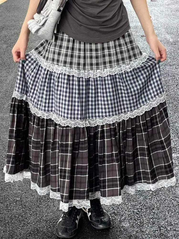 Hnewly Vintage Harajuku Lace Plaid Skirt Women Preppy Style Long Skirts Autumn Winter Streetwear Retro A-line Ruffle Skirts