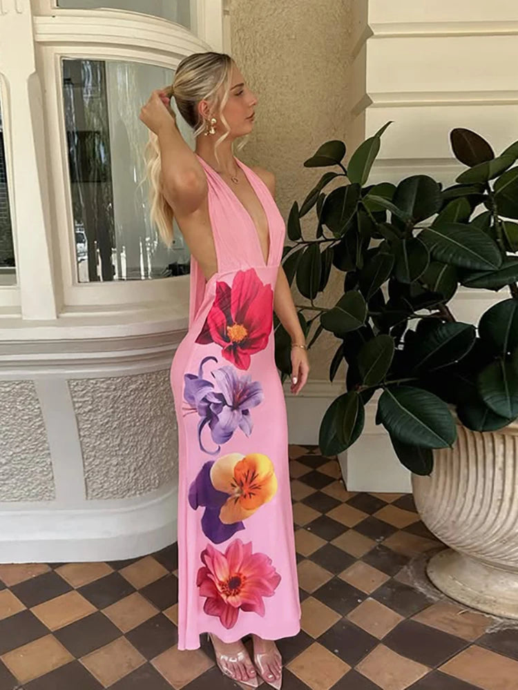 Hnewly Flower Print Dress Women Backless Sleeveless Lace-Up Tassel Halter Folds Patchwork Beach Vacation Party Vestidos