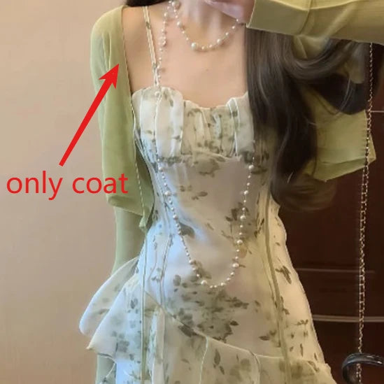 Hnewly  Elegant Floral Slim Waist Ruffles Camisole Cake Dress+ Summer Long Sleeve Cardigan Coat Women New Two Piece Sets