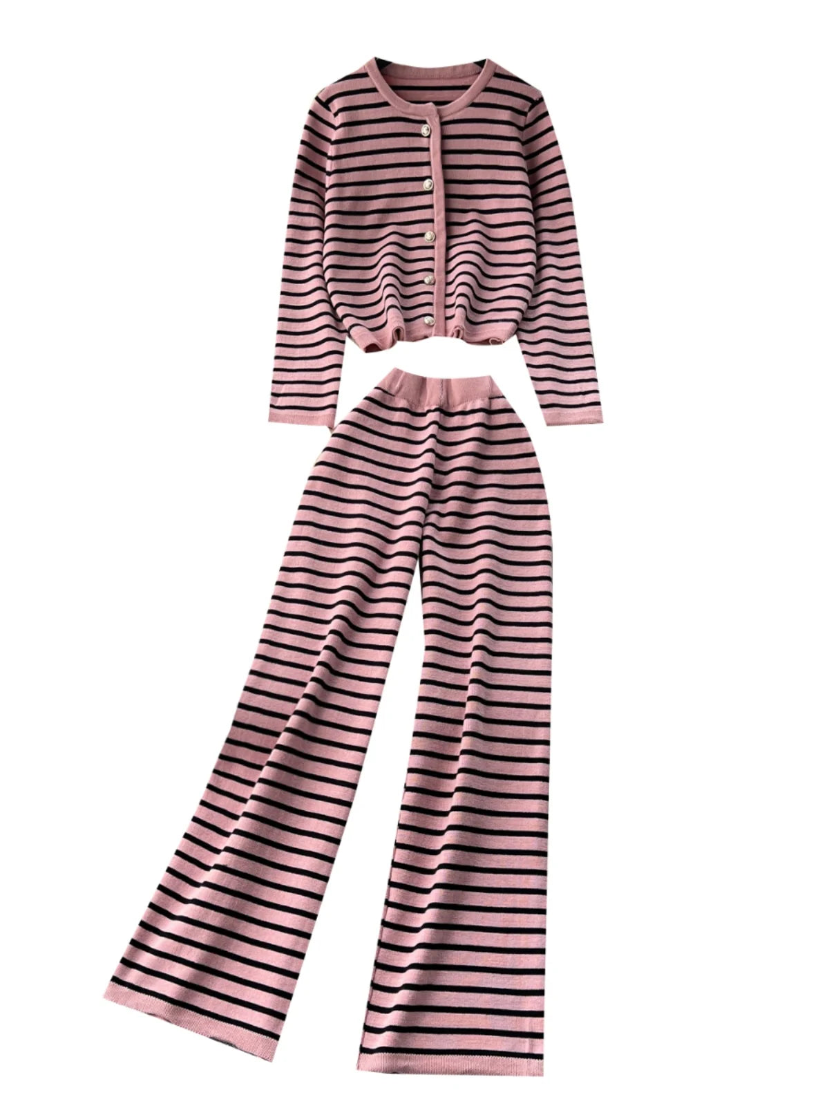 Hnewly  Elegant Knitted Set for Women's High End Versatile Round Neck Striped Knitted Cardigan+High Waist Casual Wide Leg Pants 2PCS