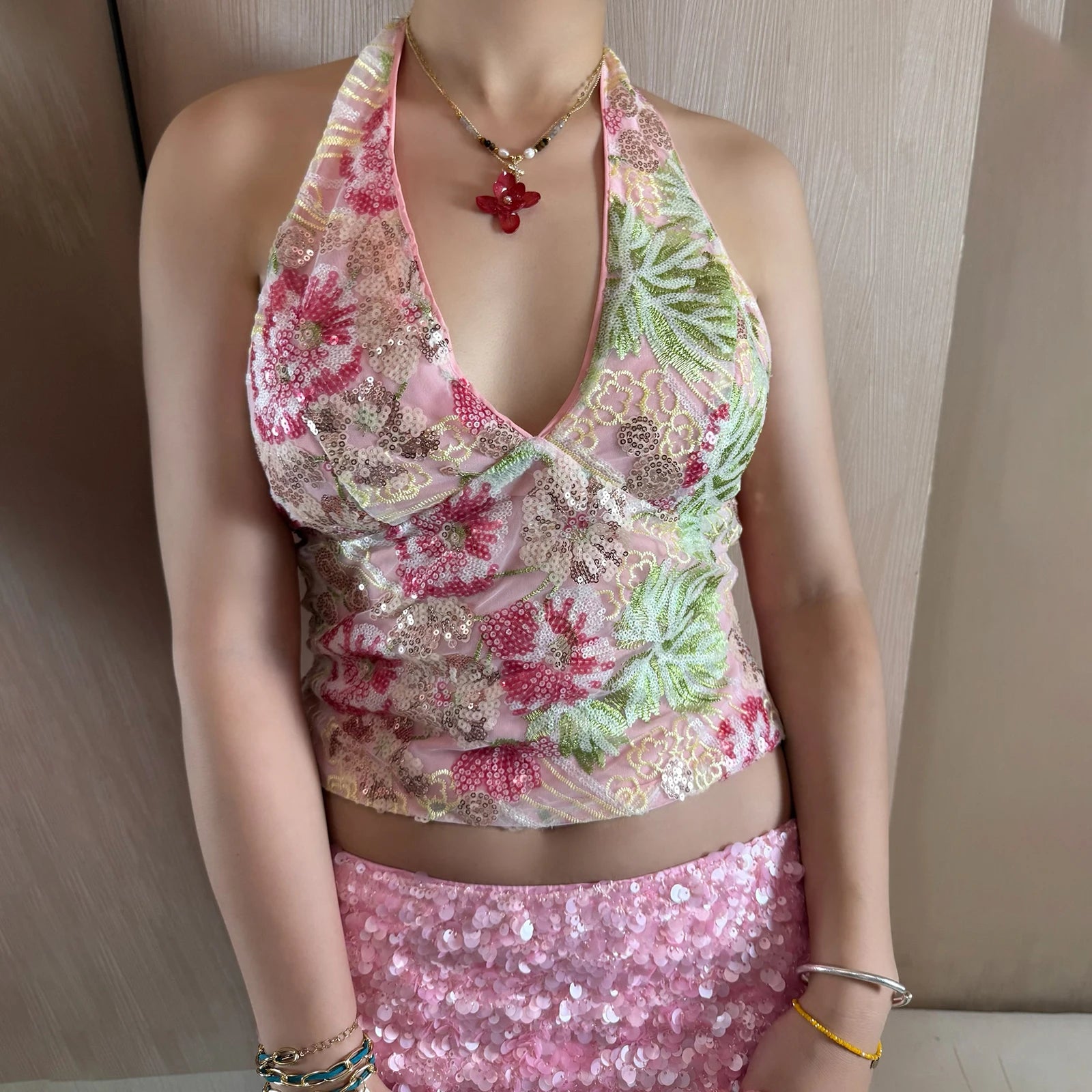 Hnewly Sequin Halter Tops y2k Women Clothes Floral Sleeveless V Neck Open Back Smocked T Shirts Vest 2000s Clothing Streetwear