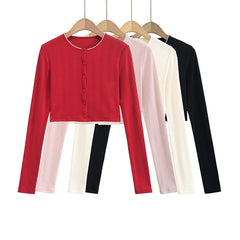 Hnewly  Sexy cardigan women long sleeve top korean knitted cropped sweaters button up pink cardigans for woman new in knitwears preppy