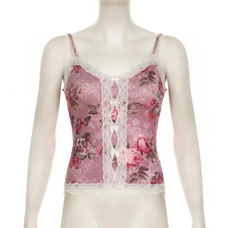 Hnewly y2k Tops Women Coquette Clothing Floral Print V Neck Spaghetti Strap Sleeveless Camisole Vest 2000s Clothes Streetwear