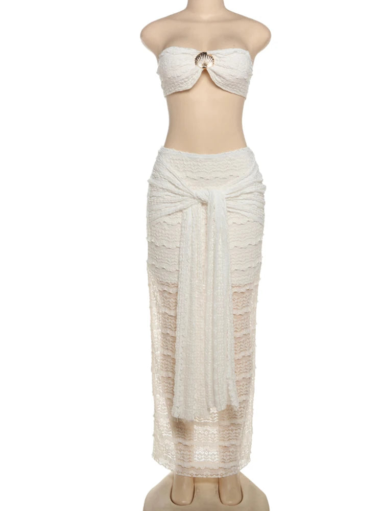 Hnewly Elegant Women 2piece Set Sexy See Through Thin Tierred Y2K Seashell Tube Top+Wrapped Bandage Skirts Matching Clubwear