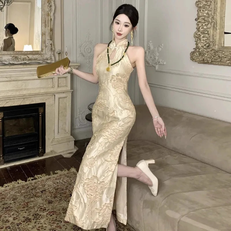 Hnewly  Woman Dress Stand Collar Sleeveless Floral Split Sexy Hollow Out Vintage Summer Fashion Temperament Dresses Party