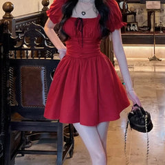 Hnewly new trend inspo Spring Summer New Fashion Elegant Square Neckline Short Sleeved Casual Fashion Versatile Western Slim Fit Clothing Women Dresses
