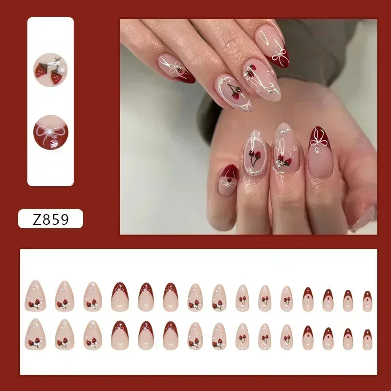 Hnewly 24Pcs Pink Almond French Press on Nails With 3D Bow ripple charms Design Fake Nails Ballerina False Nails Full Cover Nail Tips