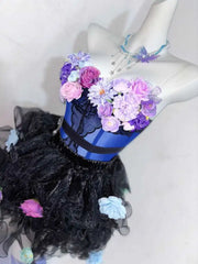Hnewly  Lovely Dress Lolita Costume Handmade Princess Blue Flower Fishbone Split Dress With Waist And Puff, Affordable Wedding Dress