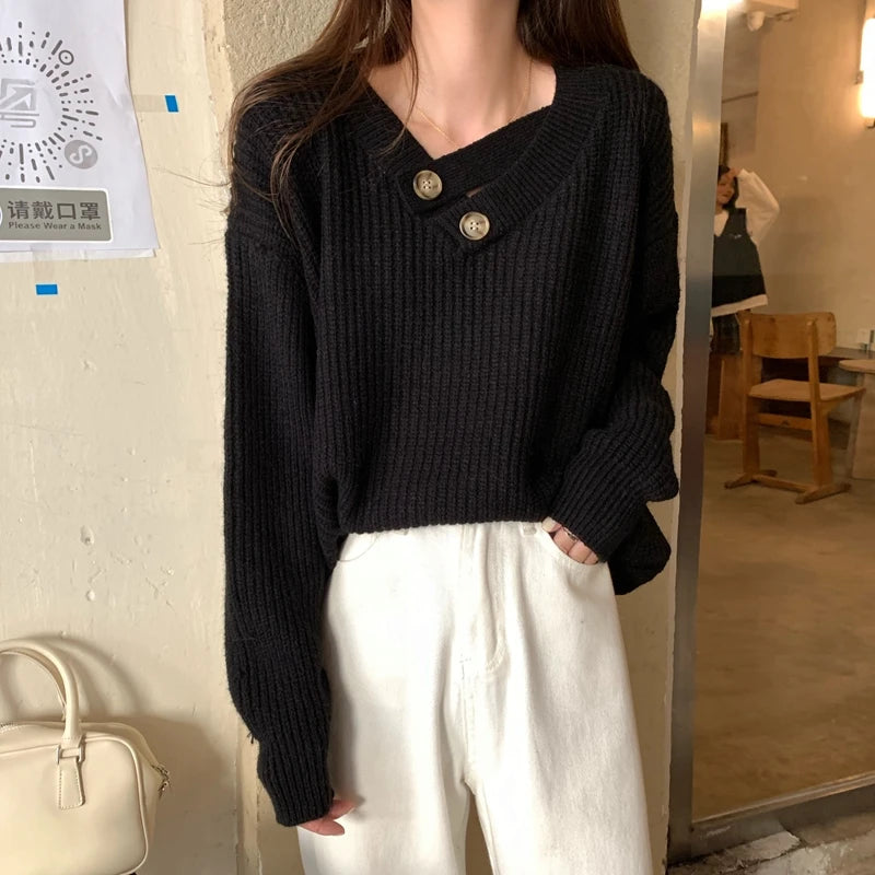 Hnewly  V-neck Knit Pullover Women Slouchy Long Sleeve Drop Shoulder Sweater with Buttoned Strap Cozy Knitwear Autumn Winter Chic Outfit