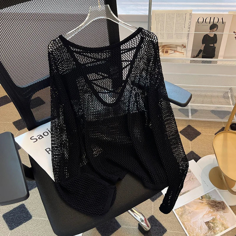 Hnewly Black White Striped Ice Silk Knitted Sweater Women Long Sleeved Loose Lazy Style Mesh Pullover Spicy Girl Hollow Out Top