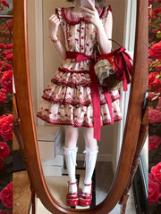 Hnewly  Sweet Lolita Cute Skirt and Top 2-Piece Set Summer Japanese Girl's Bow Cherry Print Tea Party Split Dress for Women Outfits