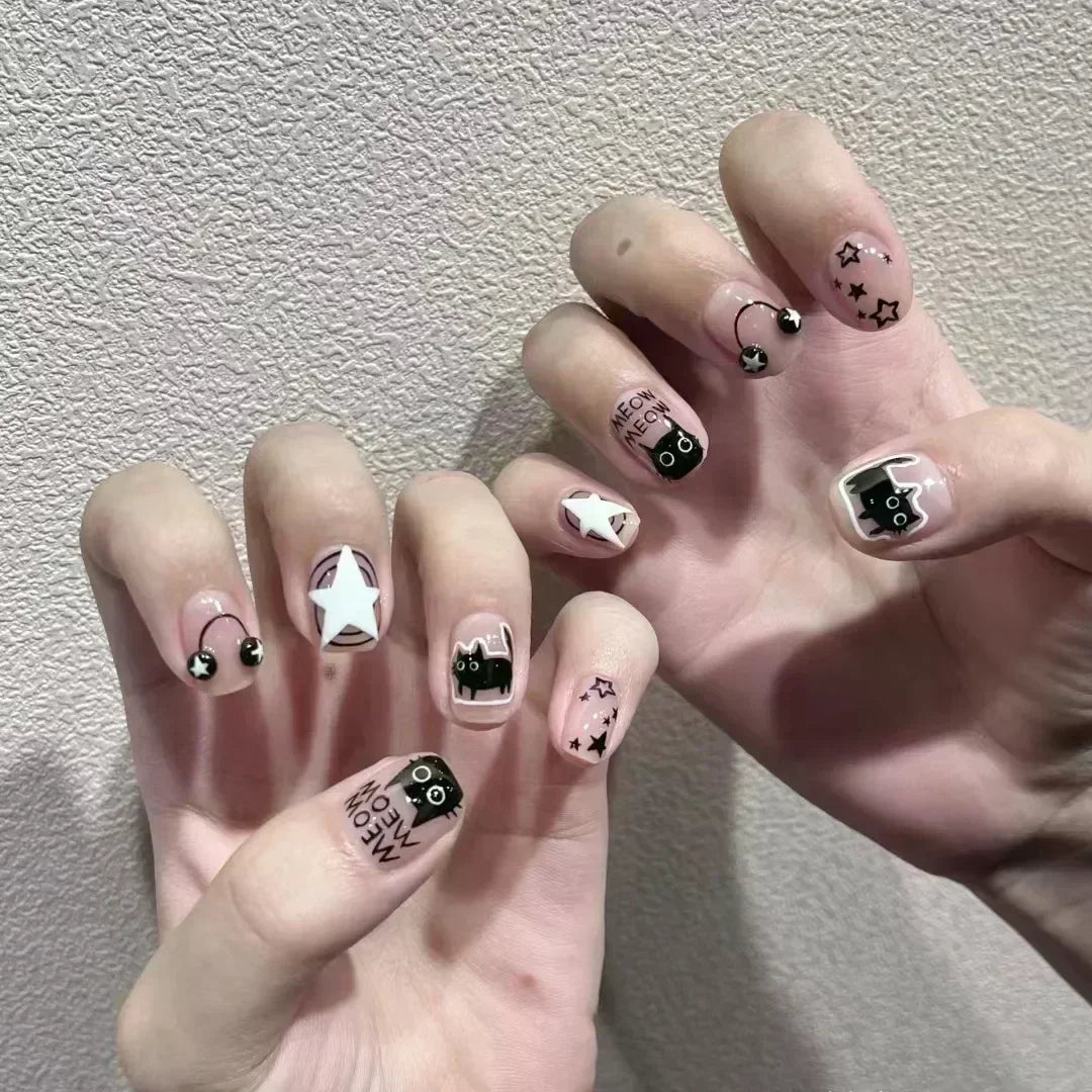 Hnewly 24pcs Detachable Short Press on Nails Y2k rhinestone False Nails with Glue Ballet Sweet Cool Girls Artificial False Nails Tips