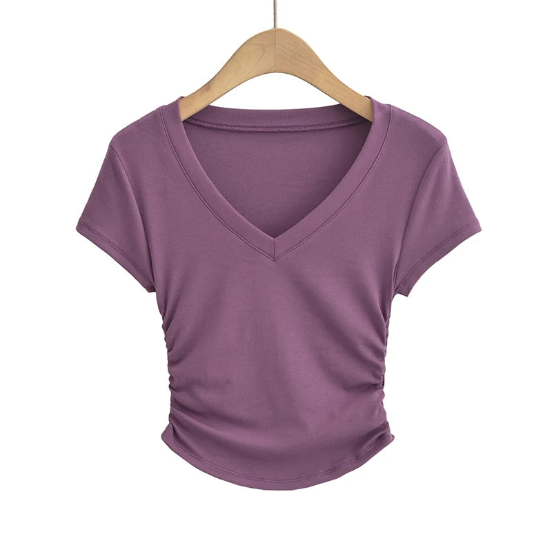 Hnewly  Summer sexy t shirts for women short sleeve tees black korean fashion t shirt v neck top pink ruched white crop top y2k fashion