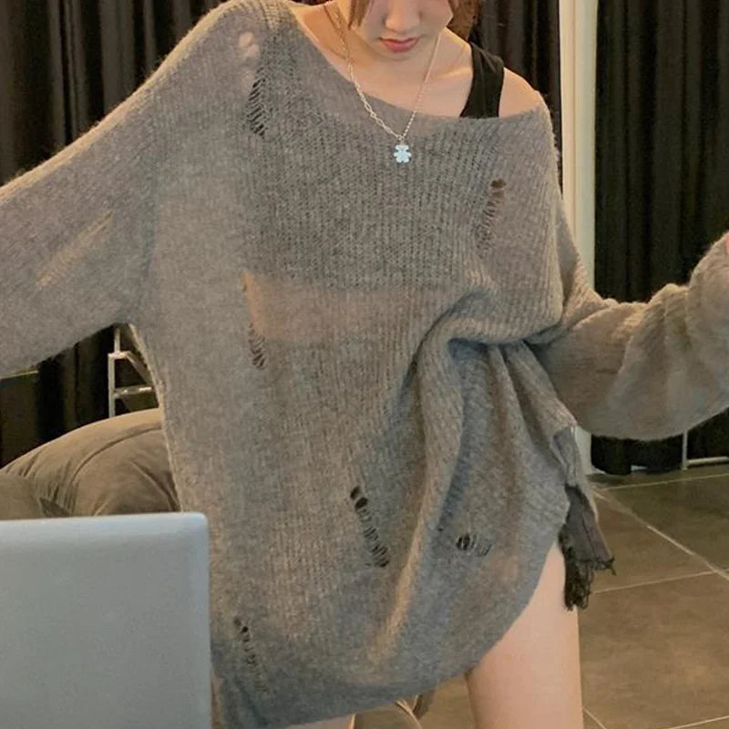 Hnewly Gothic Sweater y2k Clothes Women Solid Color Round Neck Long Sleeve Ripped Knitted Top 2000s Grunge Clothing Streetwear
