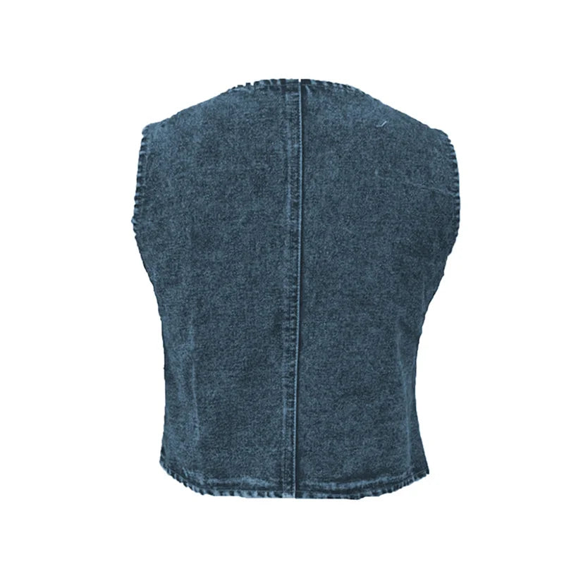 Hnewly Denim Tank Tops for Women Summer Solid Color V Neck Single Breasted Sleeveless Jeans Vest y2k Waistcoat Streetwear