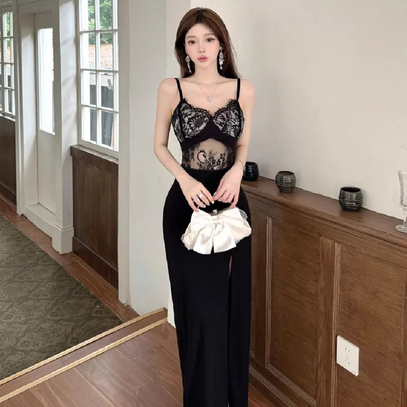 Hnewly  Woman Dress Sleeveless Hollow Out Sexy Elegant Slim Split Lace Patchwork V Neck Backless Party Dresses Female Fashion