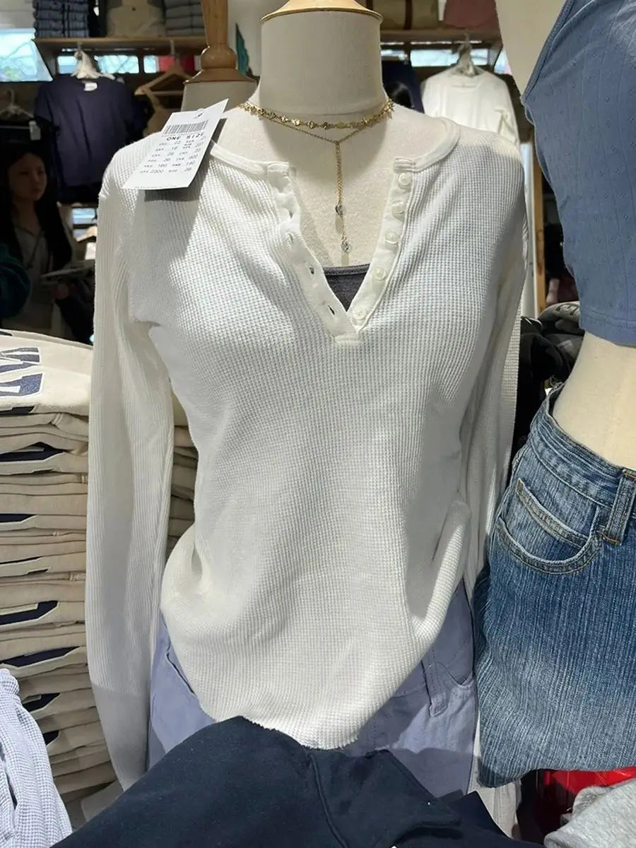 Hnewly  Pink Floral Waffle Long Sleeve T-Shirt Woman Spring Buttons Round Neck Cotton Slim Tee Top Sweet Cute Preppy Style Tshirt Y2k