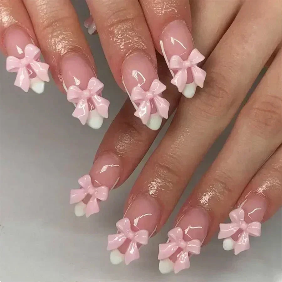 Hnewly 24Pcs White Almond False Nails Ballet with French Design Wearable Fake Nails Gradient Simple Full Cover Press on Nail Tips Art