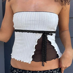 See Through Lace Stitched Corset Top Vintage 2000s Casual Contrast Patchwork Strapless Tube Crop Top Women Summer y2k Tee