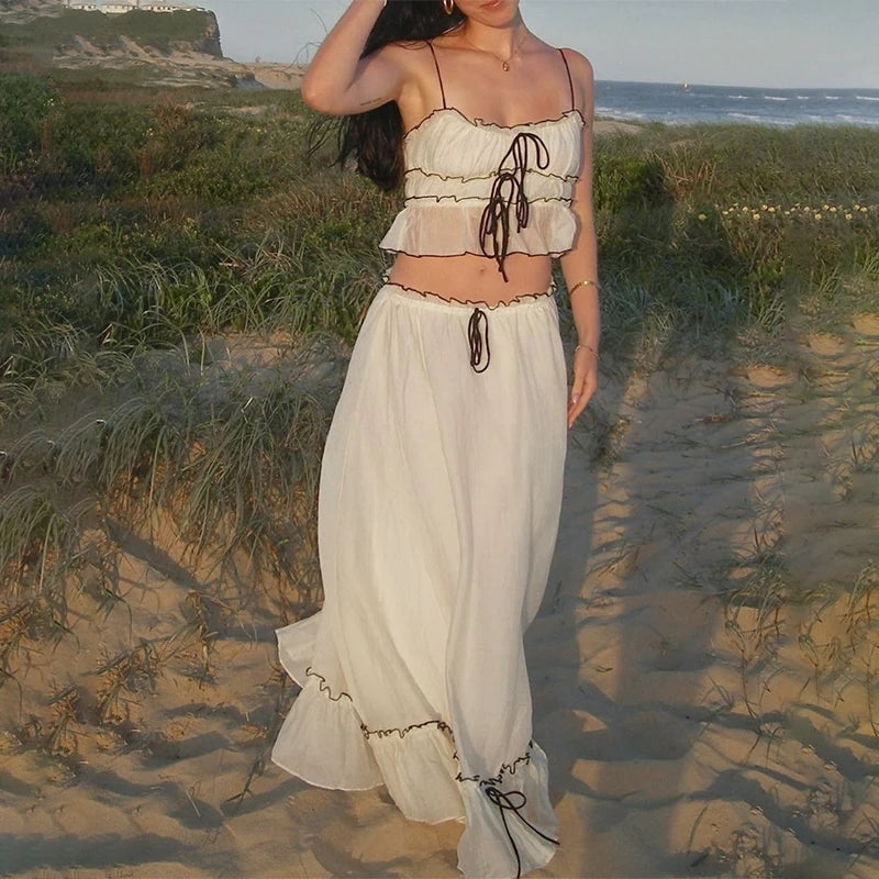 Hnewly Elegant Summer 2 Piece Set Y2K Aesthetic Lace One Line Neck Pleated Suspended Tank Top and Loose Beach Long Skirt Suit