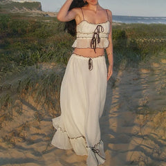 Hnewly Elegant Summer 2 Piece Set Y2K Aesthetic Lace One Line Neck Pleated Suspended Tank Top and Loose Beach Long Skirt Suit