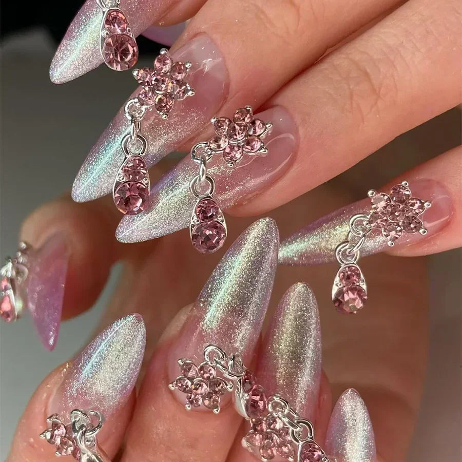 Hnewly 24Pcs White Almond False Nails Ballet with French Design Wearable Fake Nails Gradient Simple Full Cover Press on Nail Tips Art