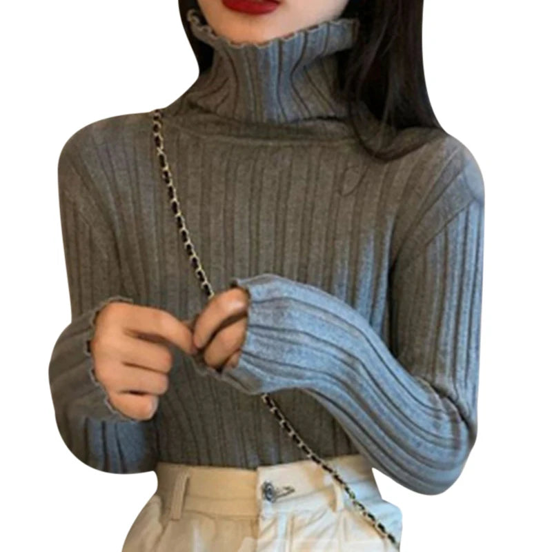 Hnewly Ribbed Sweater Women Clothes Solid Color Turtleneck Lettuce Trim Long Sleeve Pullover Winter Fall Clothing Streetwear